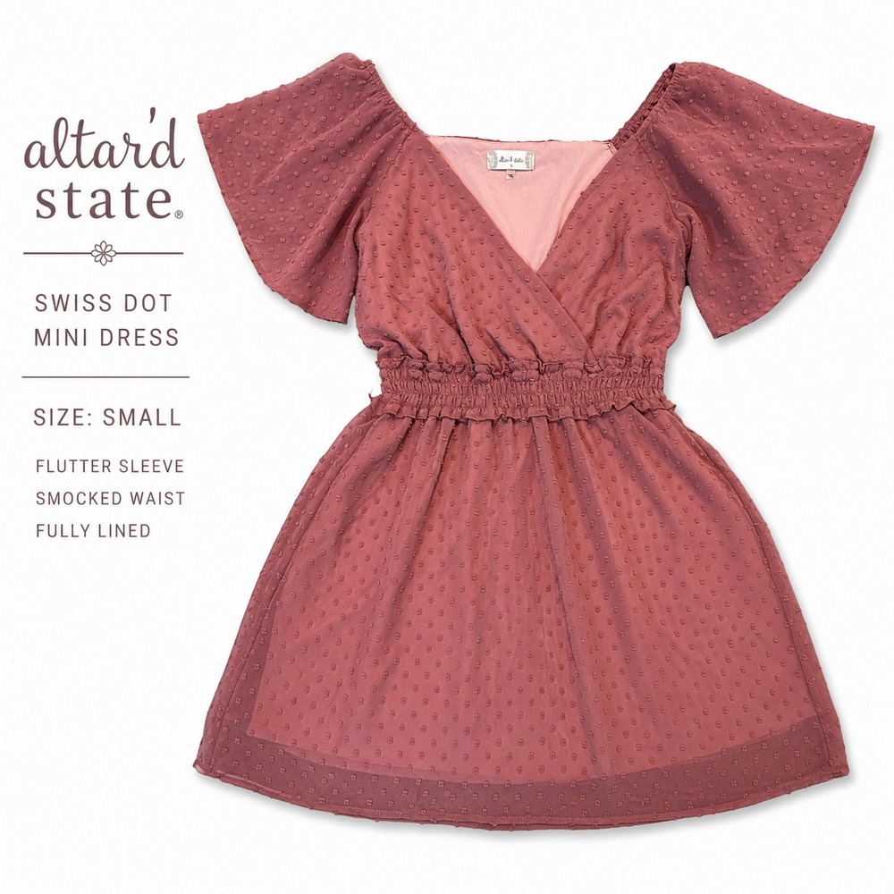 Altar'd State Swiss Dot Mini Mauve V-Neck Smocked Waist Flutter Sleeve Small
